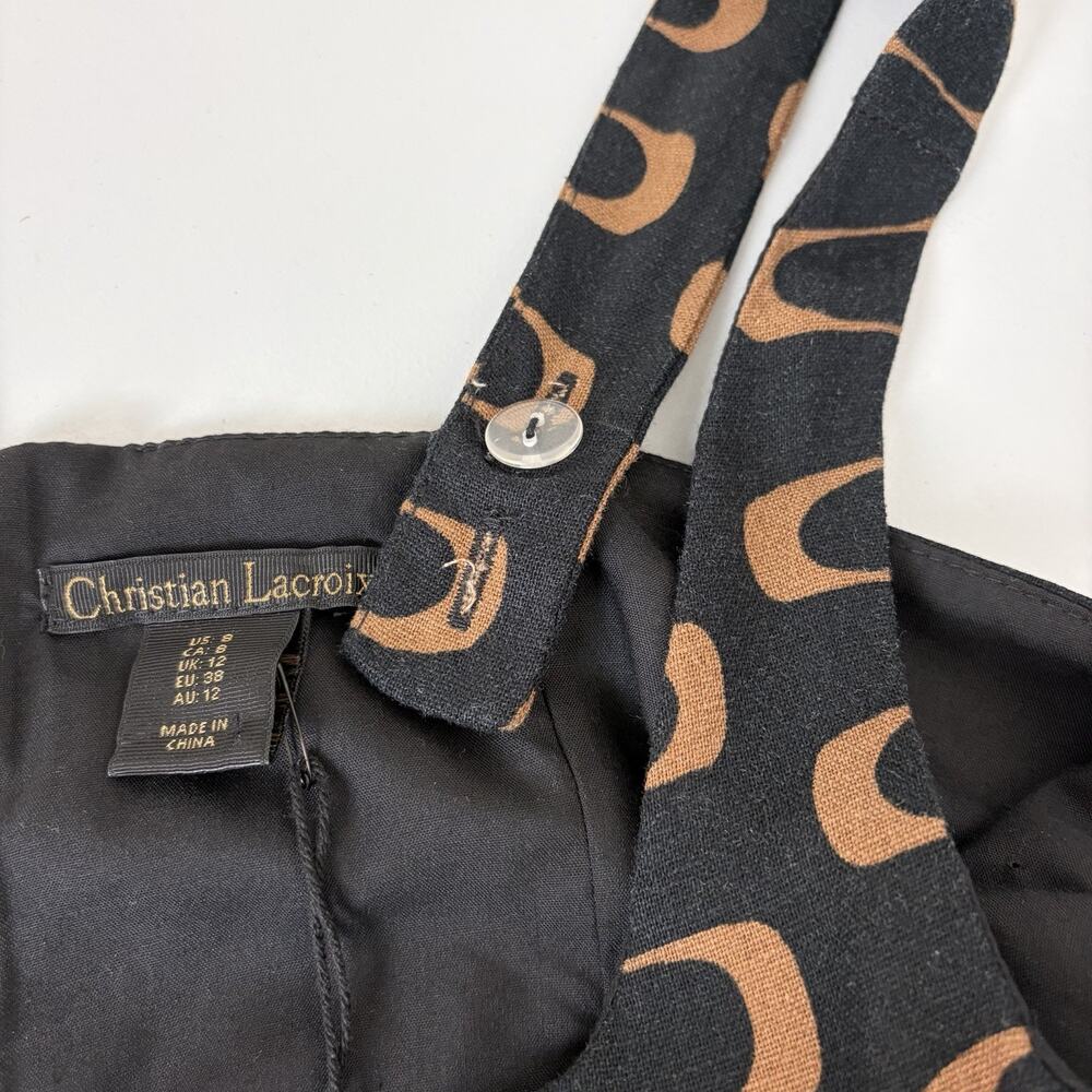 Christian Lacroix Linen Blend A-Line Square Neck Midi Dress 8 Black Tan Retro - Picture 5 of 12